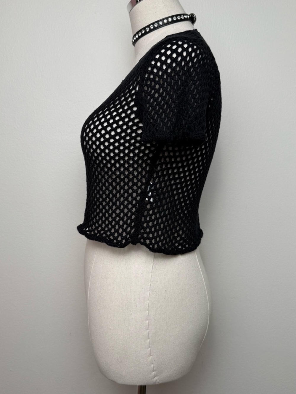 UNIF Black Open Knit Crochet Cropped Shirt Top Medium - Picture 3 of 8